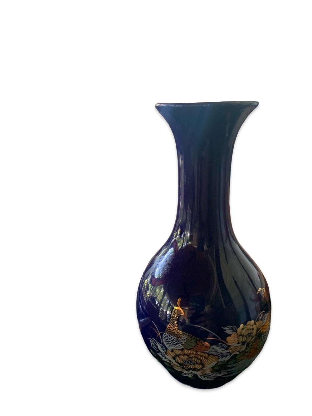 Japan Vase White Peacock Cobalt Blue Japanese Bud Floral Metallic 7”